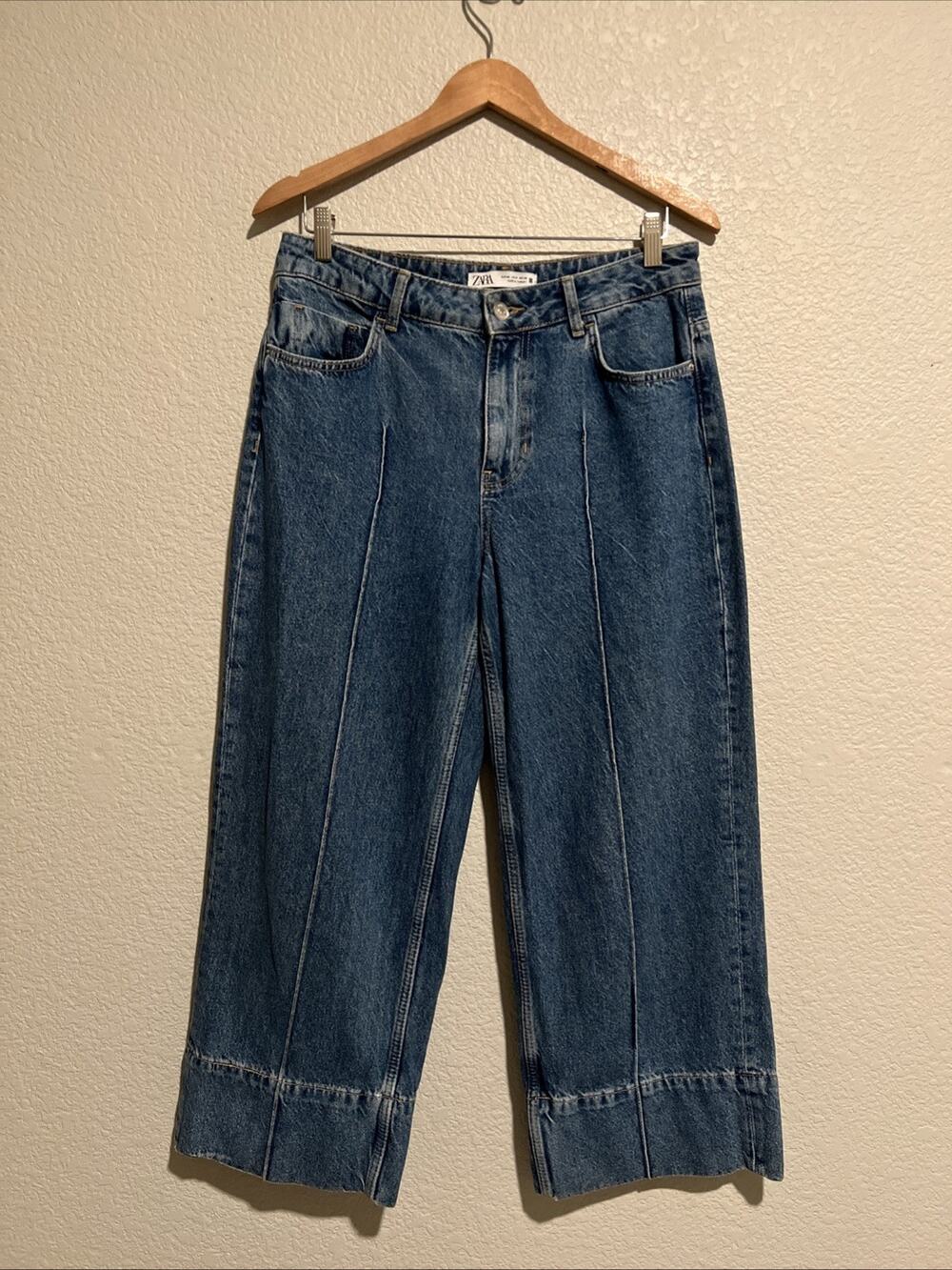 ZARA High Rise Wide Leg Cropped Jeans Palazzo Coastal Cottage 100% Cotton Sz 8